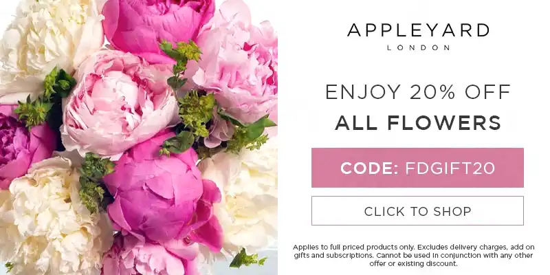 Use discount code FDGIFT20 for 20% off all full priced bouquets at Appleyard London. Excludes delivery charges & add-on gifts, subscriptions, hampers, and alcohol