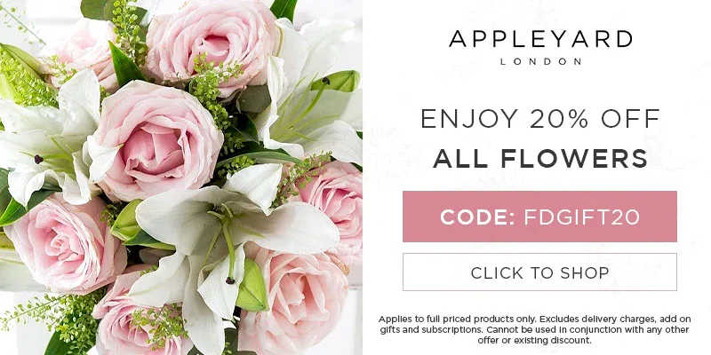 Use discount code FDGIFT20 for 20% off all full priced bouquets at Appleyard London. Excludes delivery charges & add-on gifts, subscriptions, hampers, and alcohol