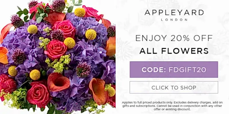 Use discount code FDGIFT20 for 20% off all full priced bouquets at Appleyard London. Excludes delivery charges & add-on gifts, subscriptions, hampers, and alcohol