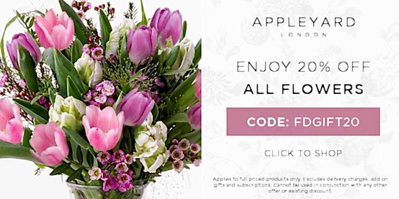 Use discount code FDGIFT20 for 20% off all full priced bouquets at Appleyard London. Excludes delivery charges & add-on gifts, subscriptions, hampers, and alcohol