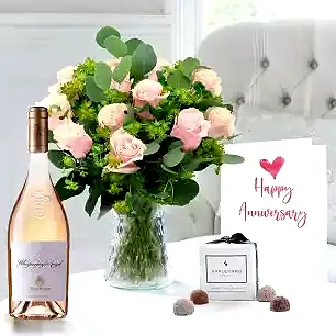 Sorbet Roses, Whispering Angel, 6 Mixed Truffles & Anniversary Card