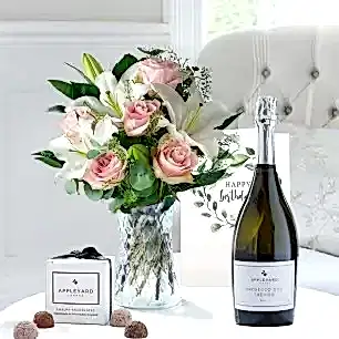 Simply Pink Rose & Lily, Prosecco, 6 Mixed Truffles & Birthday Card