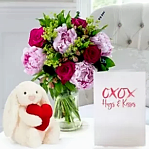 Pomegranate Rose & Peony, Jellycat Bashful Red Love Heart Bunny (18cm) & Romance Card