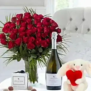 50 Luxury Red Roses, Prosecco, Jellycat Bashful Love Heart Bunny & 6 Mixed Truffles