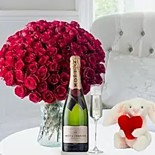 100 Luxury Red Roses, Moët & Chandon & Jellycat Bashful Love Heart Bunny