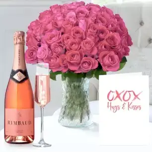 50 Pink Roses, Champagne Rimbaud Brut Rosé (75cl) & Romance Card