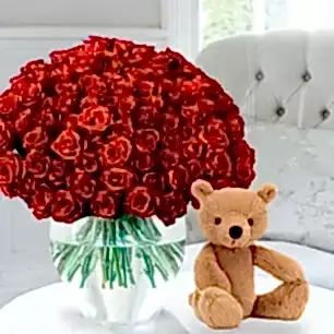 100 Luxury Red Roses & Jellycat® Rufus Bear (29cm)