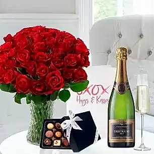 50 Red Roses, Dericbourg Champagne, Box of 9 Chocolates & Romance Card