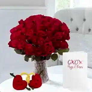 50 Red Roses, Jellycat Val & Tina Love Locks (22cm) & Romance Card