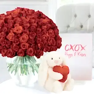100 Luxury Red Roses, Jellycat® Bashful Red Love Heart Bunny (18cm) & Romance Card