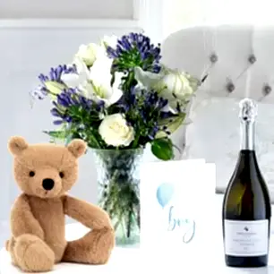 Bluebelle, Prosecco, Jellycat Rufus Bear (29cm) & Baby Boy Card