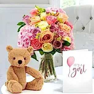 Candy Clouds, Jellycat® Rufus Bear (29cm) & Baby Girl Card