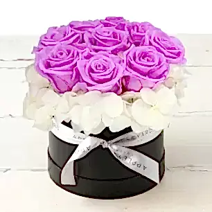 Lilac Rose & White Hydrangea Hatbox (Lasts Up To A Year)