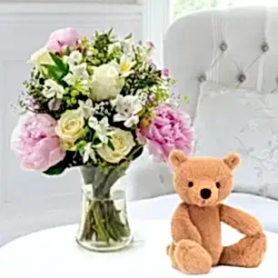 Peonies & Cream & Jellycat Rufus Bear (29cm)
