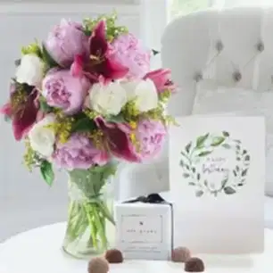 Peony, Rose & Lily, 6 Truffles & Birthday Card