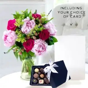 Pomegranate Rose & Peony, 9 Luxury Chocolates & Free Card