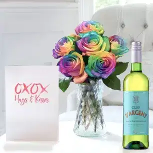 Rainbow Roses, Clef D'Argent Sauvignon Blanc & Romance Card