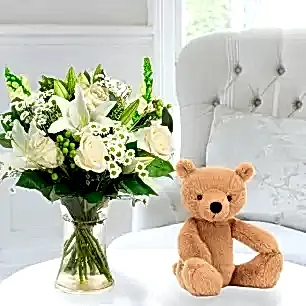 Simply White Rose & Lily & Jellycat® Rufus Bear (29cm)