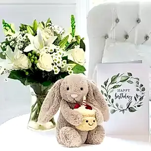 Simply White Rose & Lily, Jellycat Birthday Bunny & Birthday Card