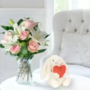 Simply Pink Rose & Lily, Vase & Jellycat Bashful Love Heart Bunny
